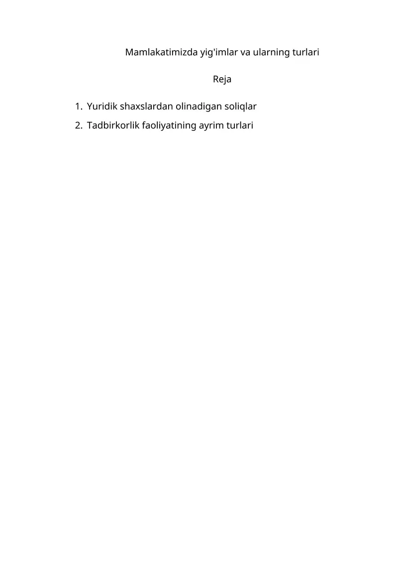 Soliqlar turlari va ularning o'zgartirilishi