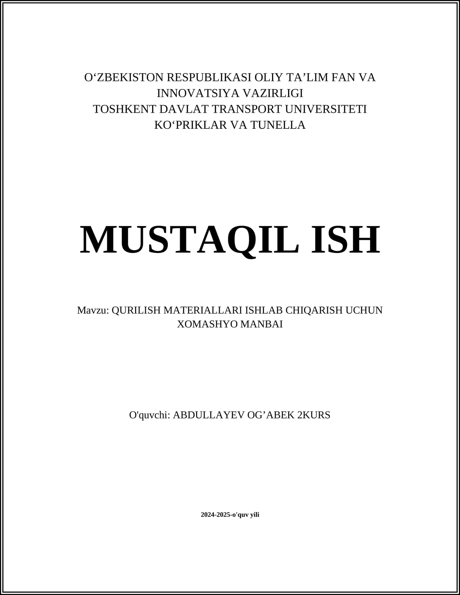 QURILISH MATERIALLARI ISHLAB CHIQARISH UCHUN XOMASHYO MANBAI