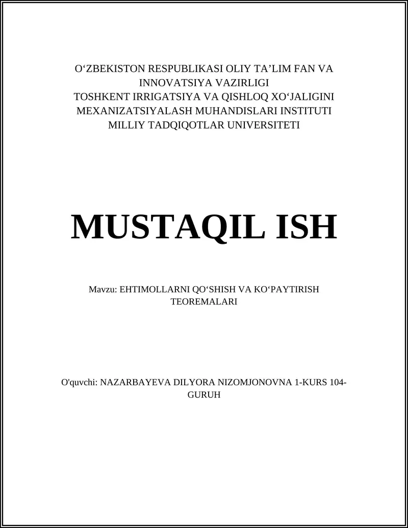 EHTIMOLLARNI QOʻSHISH VA KOʻPAYTIRISH TEOREMALARI