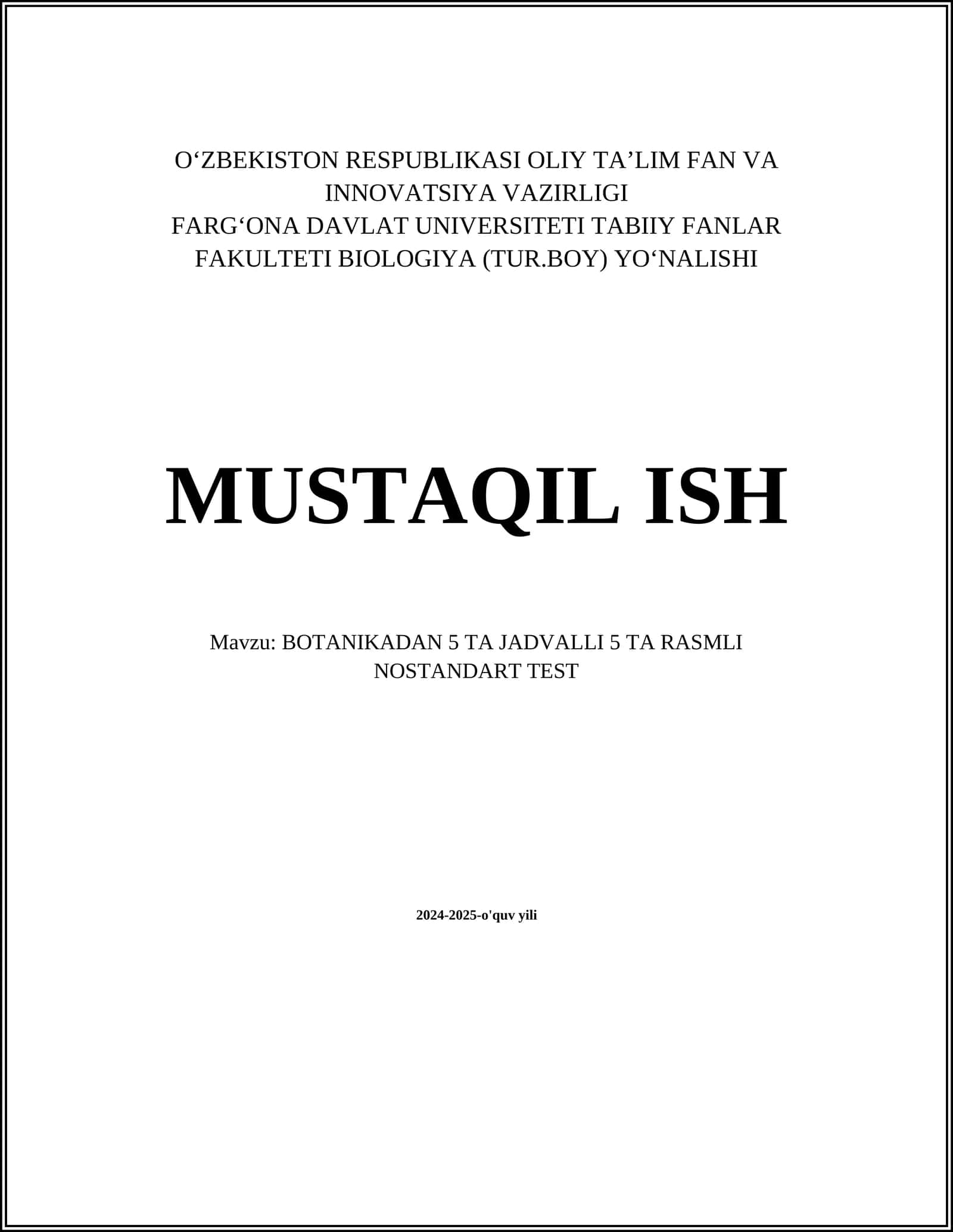 BOTANIKADAN 5 TA JADVALLI 5 TA RASMLI NOSTANDART TEST