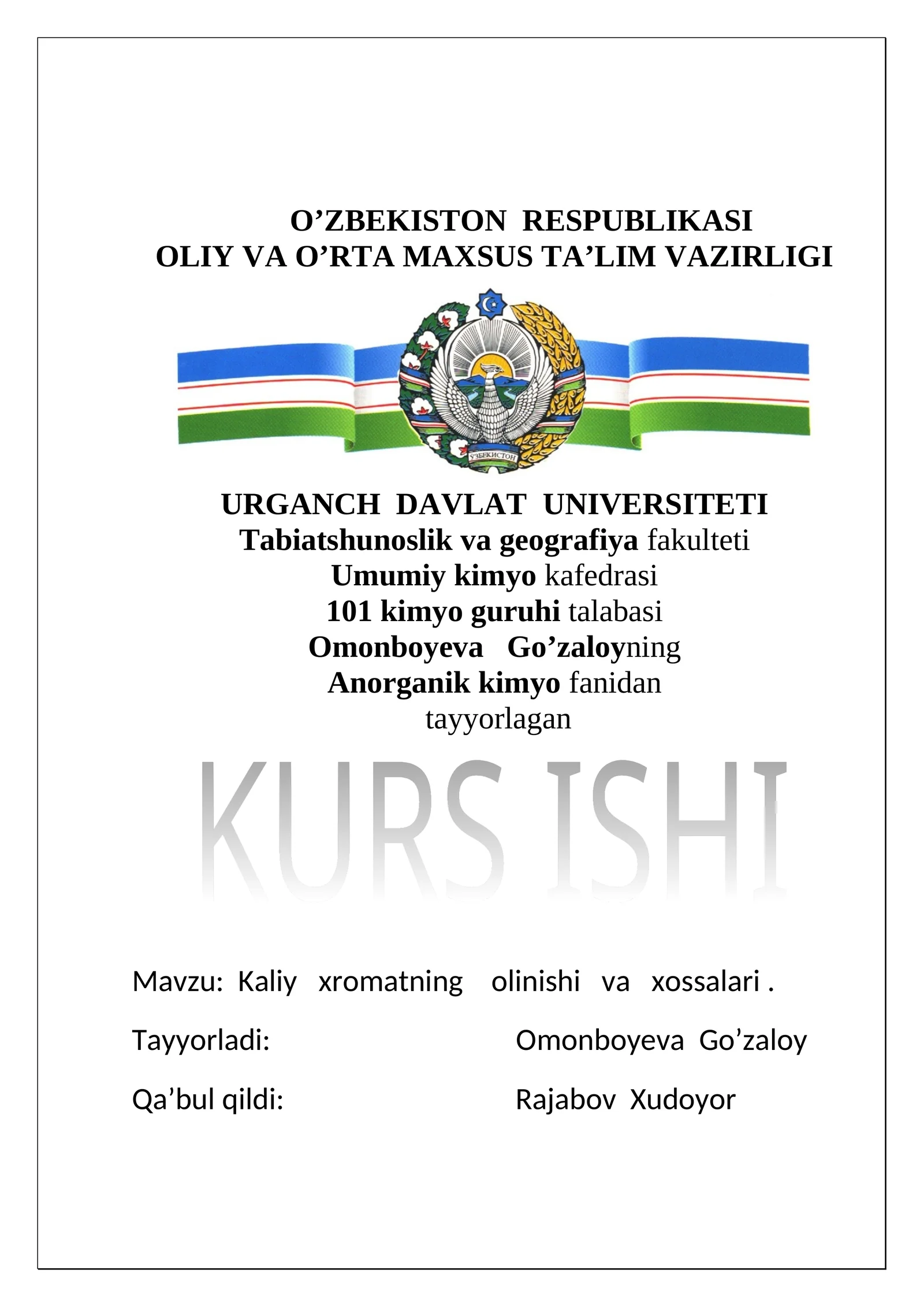 Kaliy xromatning olinishi va xossalari