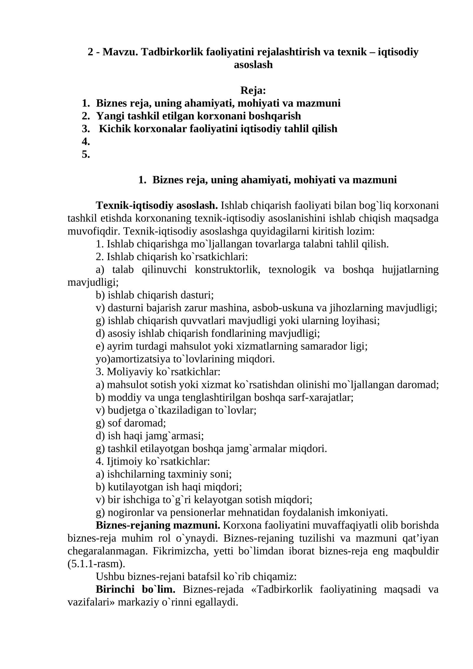Tadbirkorlik faoliyatini rejalashtirish va texnik – iqtisodiy asoslash