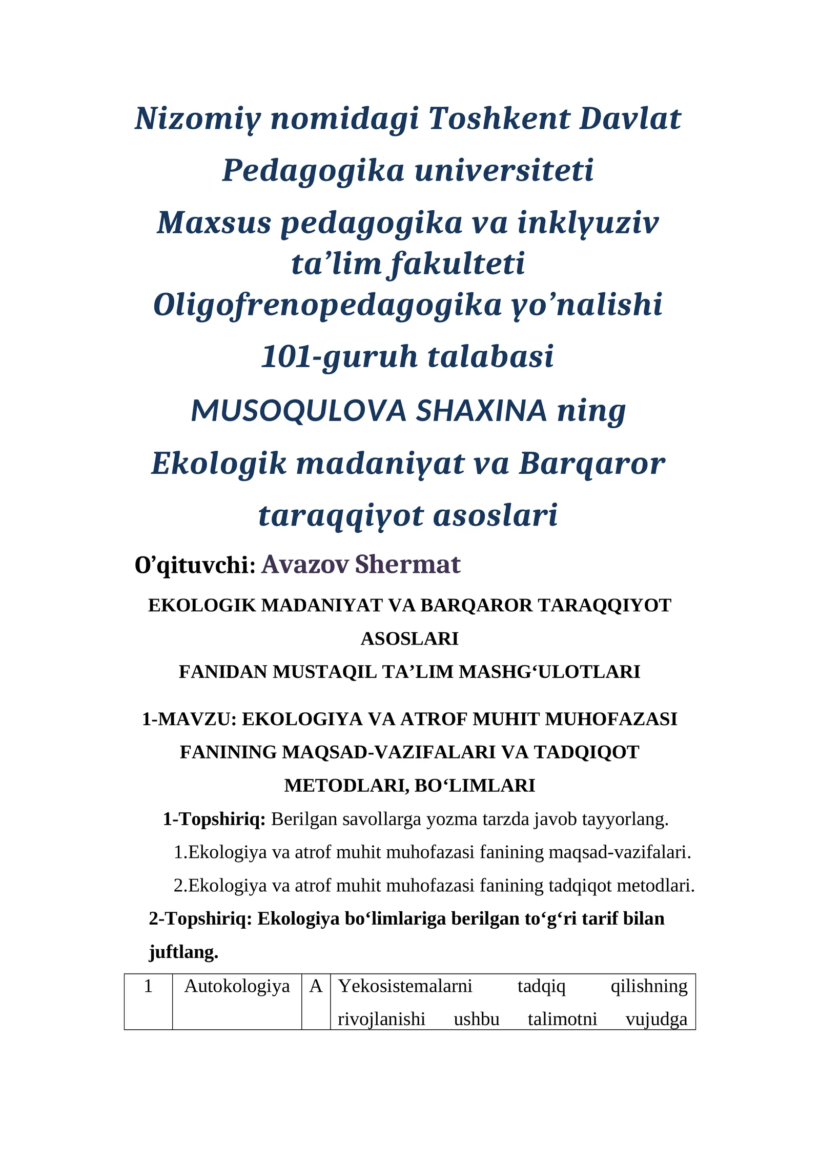 EKOLOGIK MADANIYAT VA BARQAROR TARAQQIYOT ASOSLARI