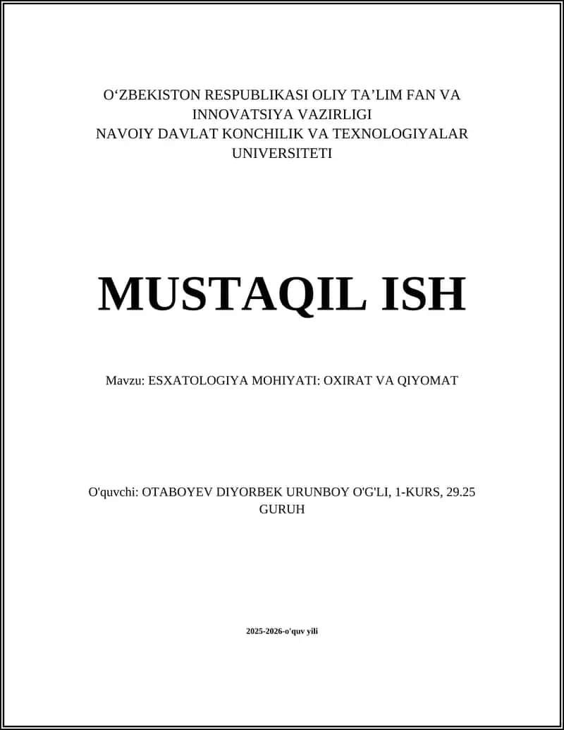 ESXATOLOGIYA MOHIYATI: OXIRAT VA QIYOMAT