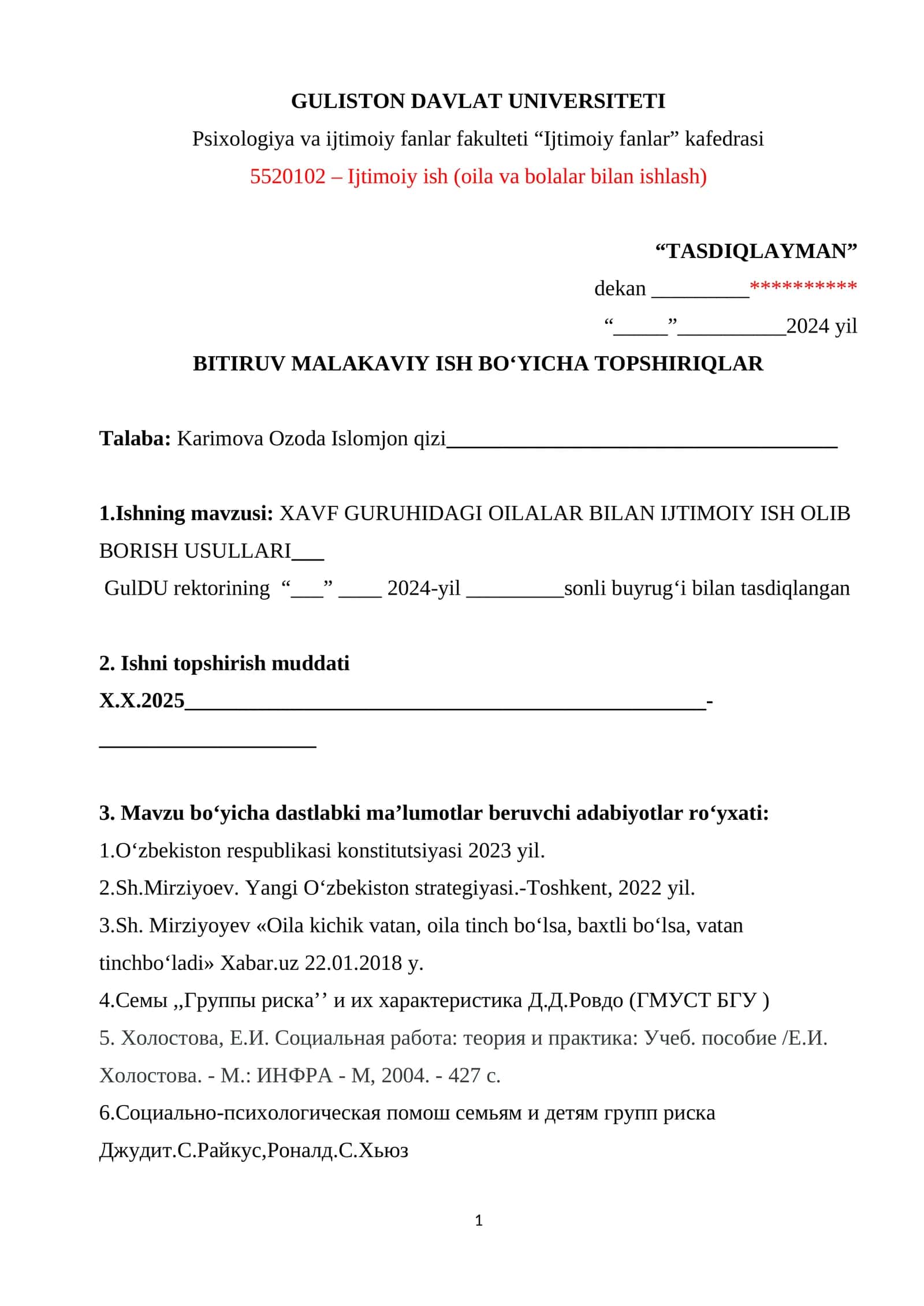 XAVF GURUHIDAGI OILALAR BILAN IJTIMOIY ISH OLIB BORISH USULLARI
