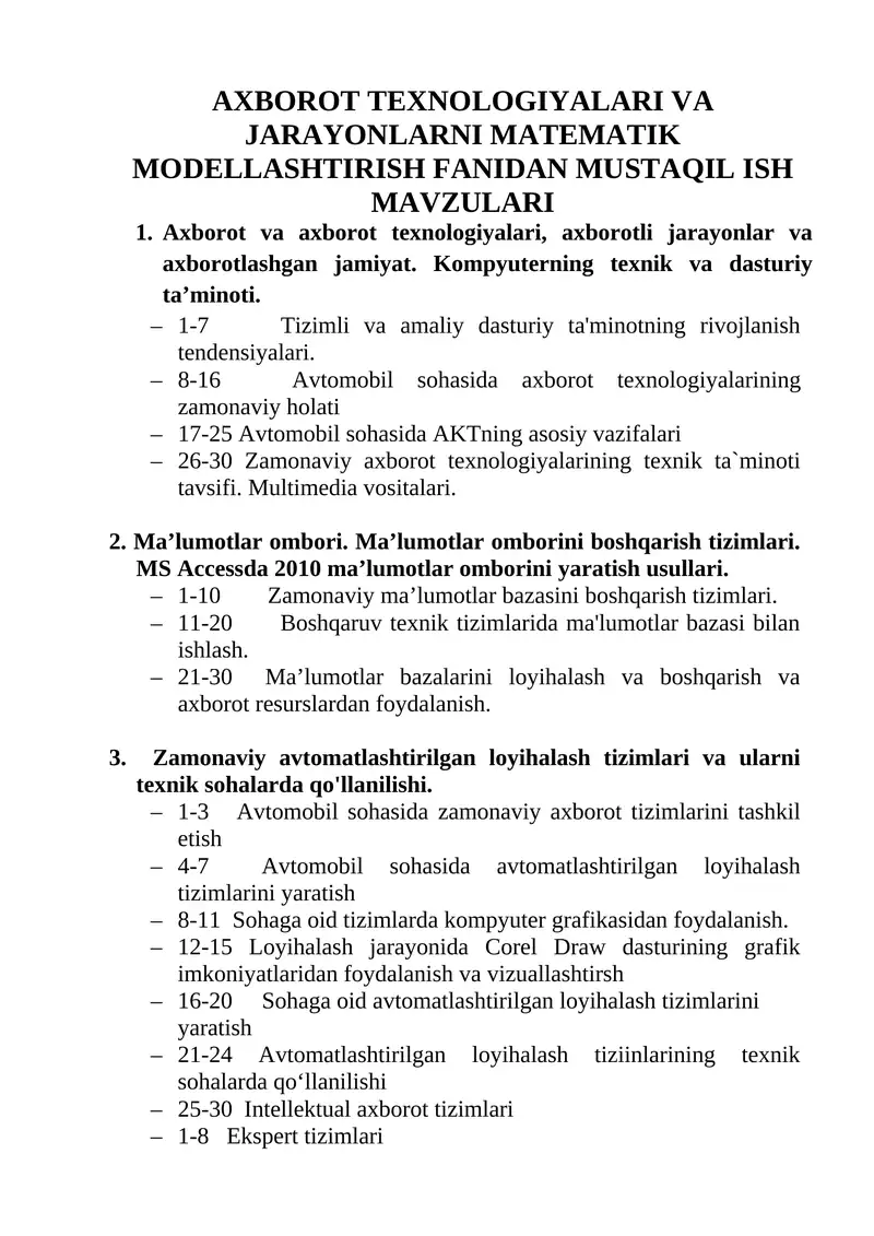 Axborot texnologiyalari va jarayonlarni matematik modellashtirish fanidan mustaqil ish mavzulari