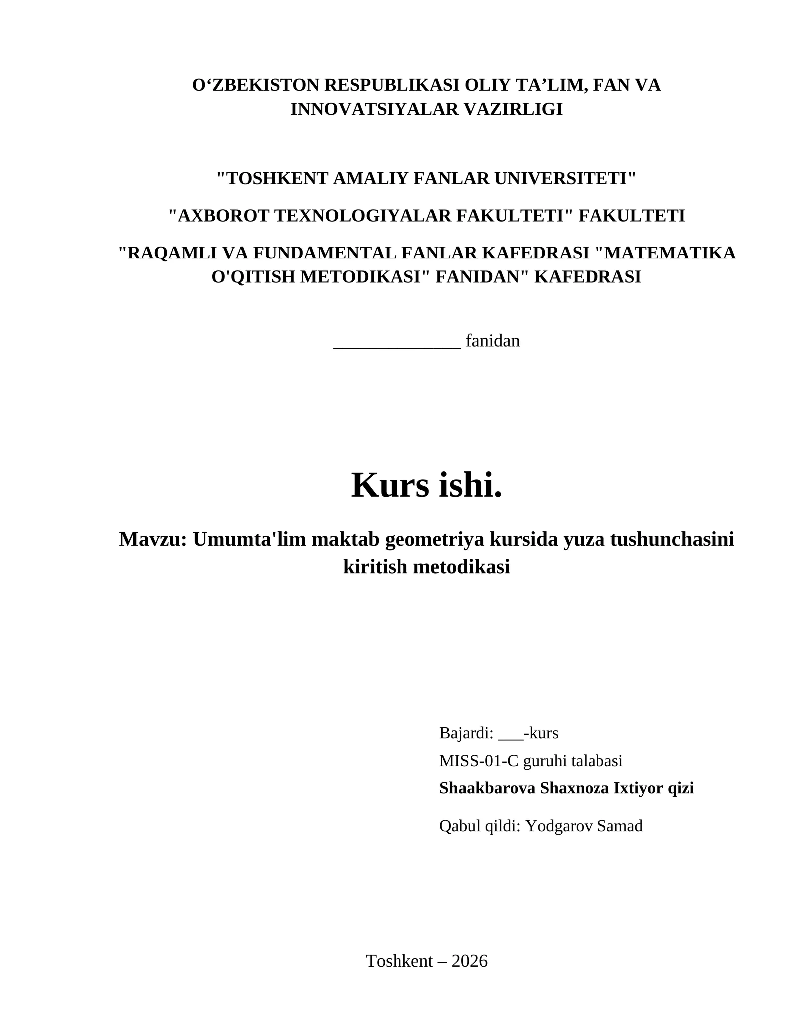 Umumta'lim maktab geometriya kursida yuza tushunchasini kiritish metodikasi
