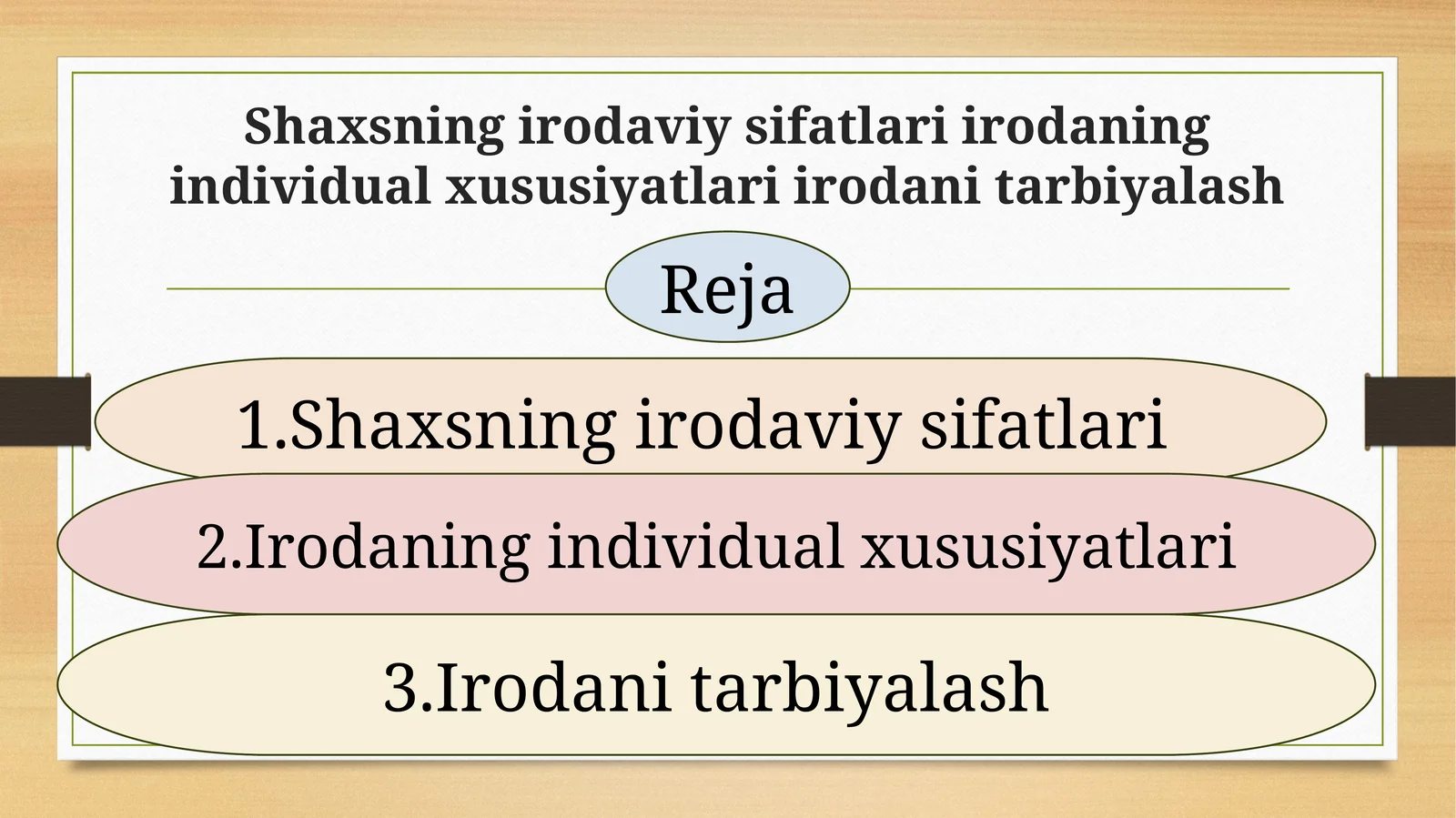 Shaxsning irodaviy sifatlari va irodaning individual xususiyatlari hamda irodani tarbiyalash