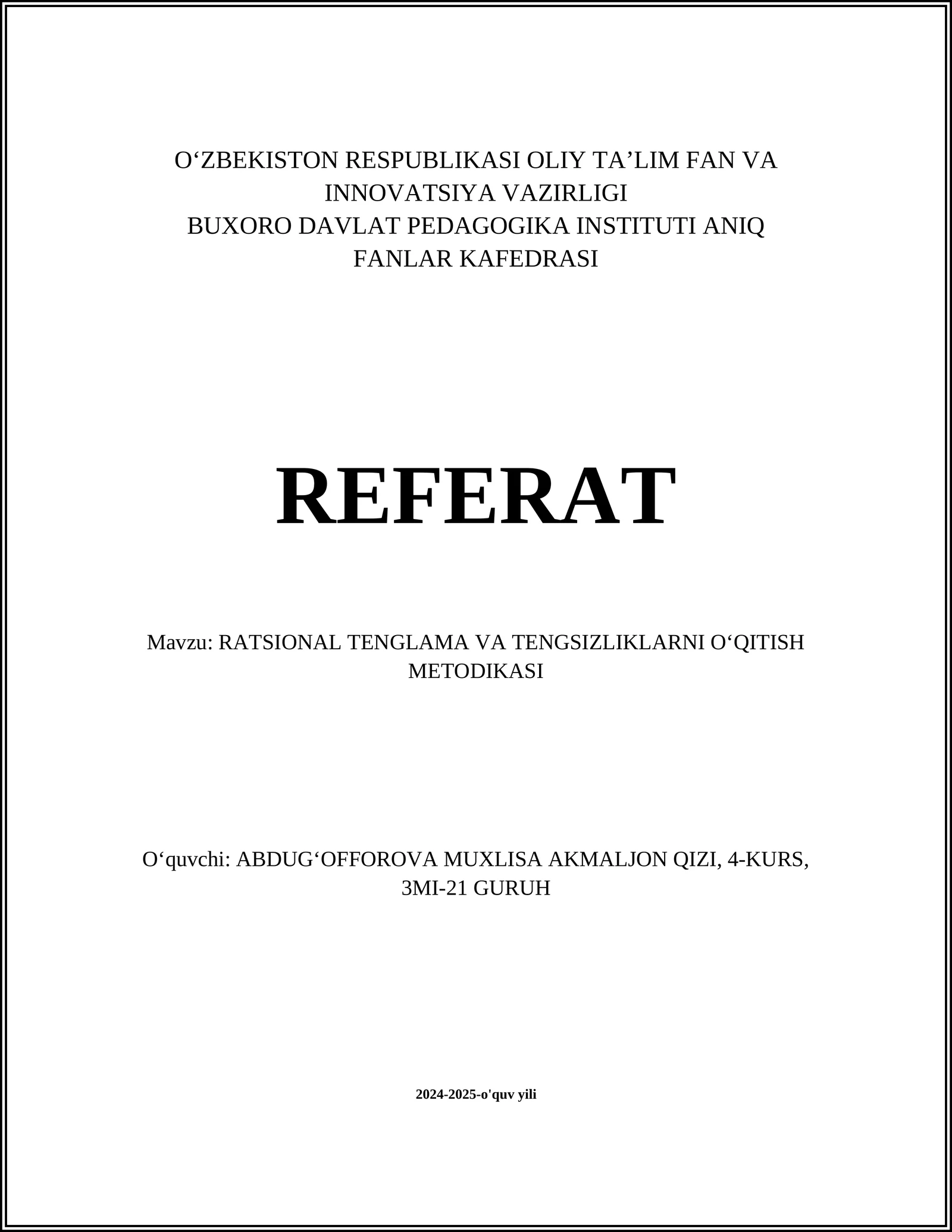 RATSIONAL TENGLAMA VA TENGSIZLIKLARNI O‘QITISH METODIKASI
