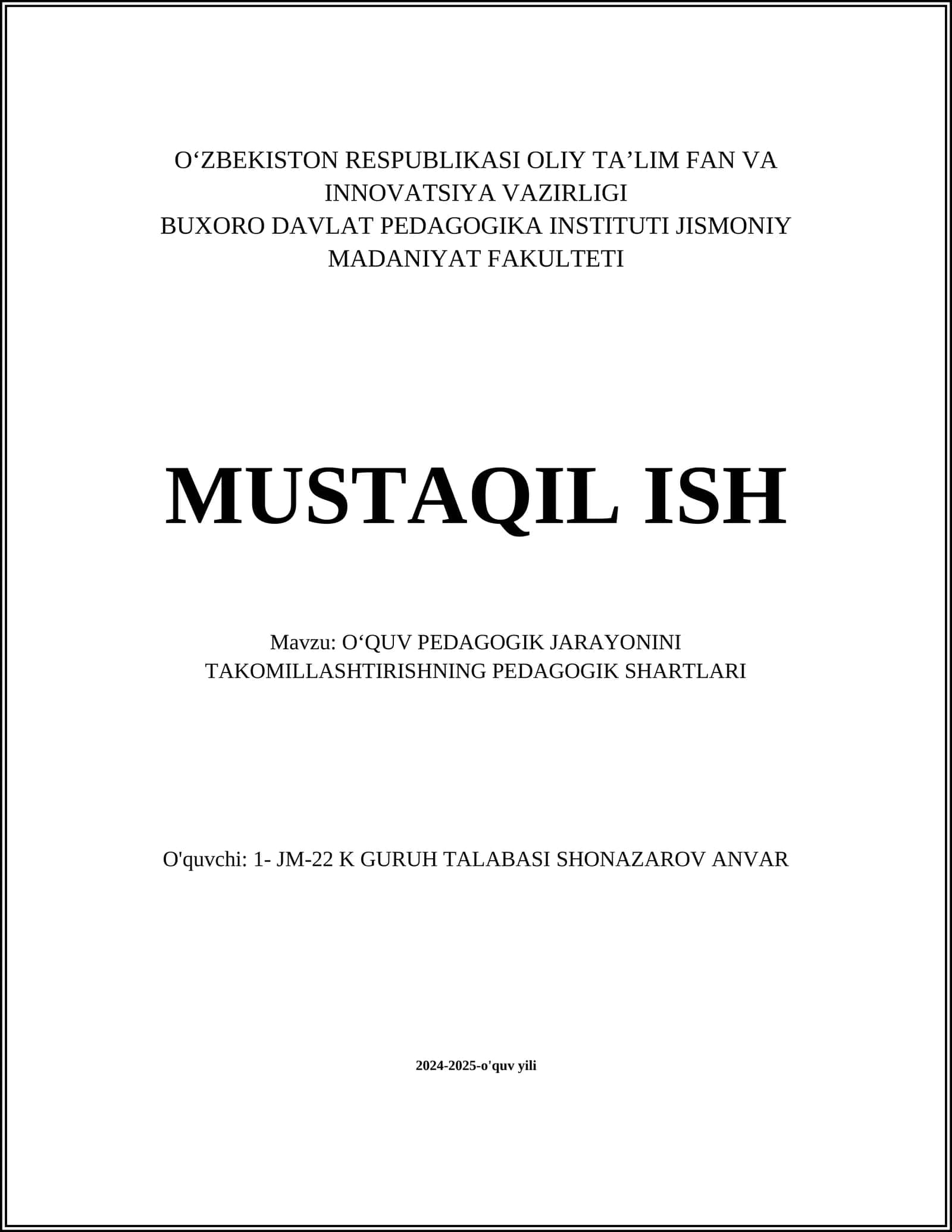 OʻQUV PEDAGOGIK JARAYONINI TAKOMILLASHTIRISHNING PEDAGOGIK SHARTLARI
