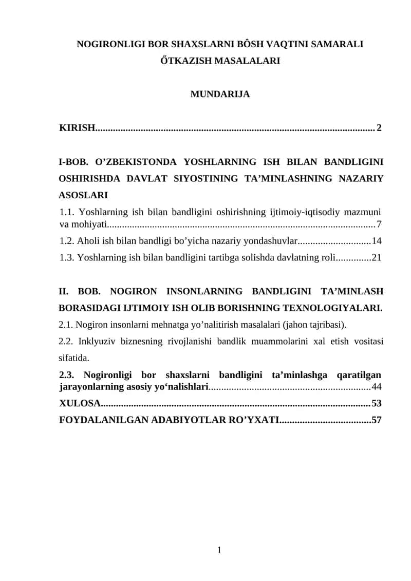 NOGIRONLIGI BOR SHAXSLARNI BÔSH VAQTINI SAMARALI ŐTKAZISH MASALALARI