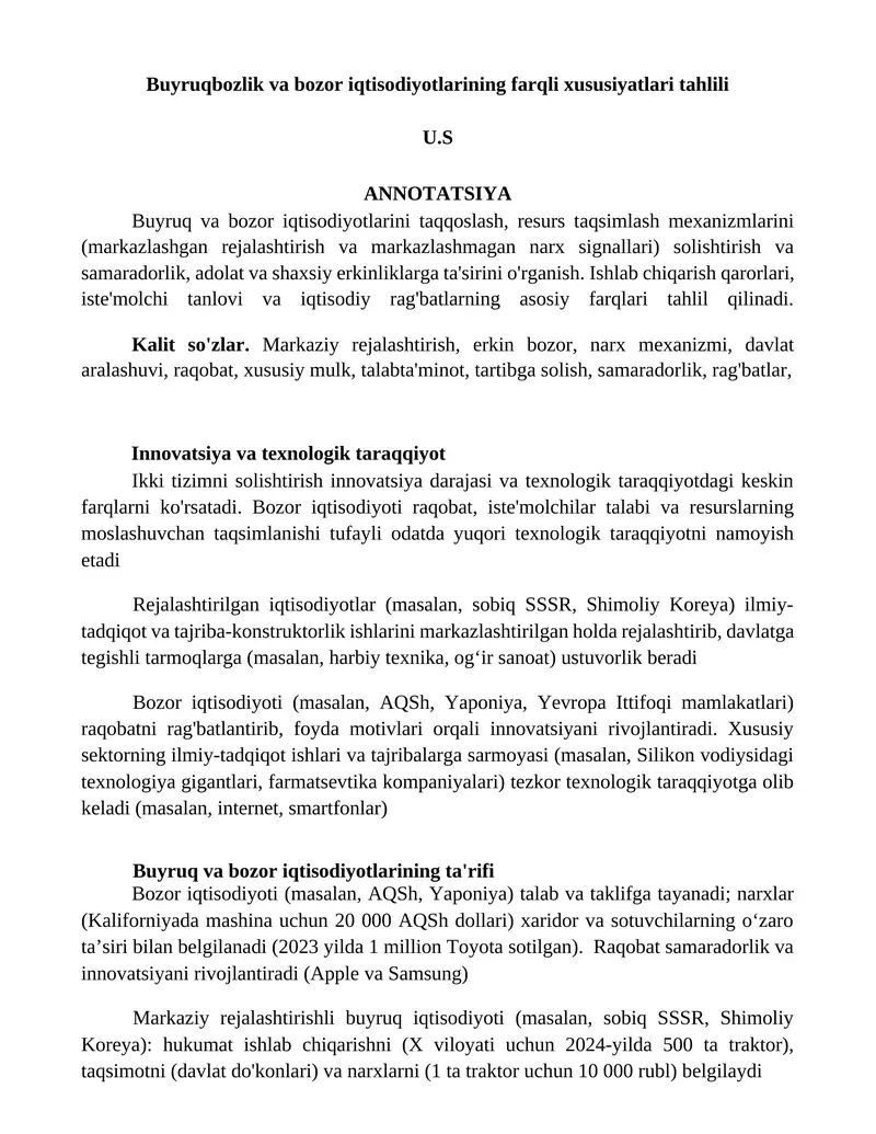Buyruqbozlik va bozor iqtisodiyotlarining farqli xususiyatlari tahlili