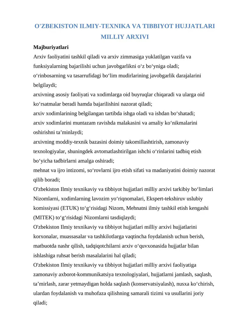 O'ZBEKISTON ILMIY-TEXNIKA VA TIBBIYOT HUJJATLARI MILLIY ARXIVI
