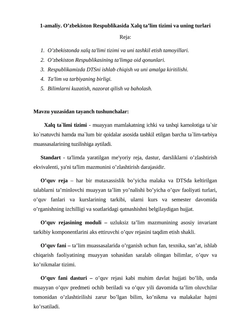 O’zbekiston Respublikasida Xalq ta’lim tizimi va uning turlari