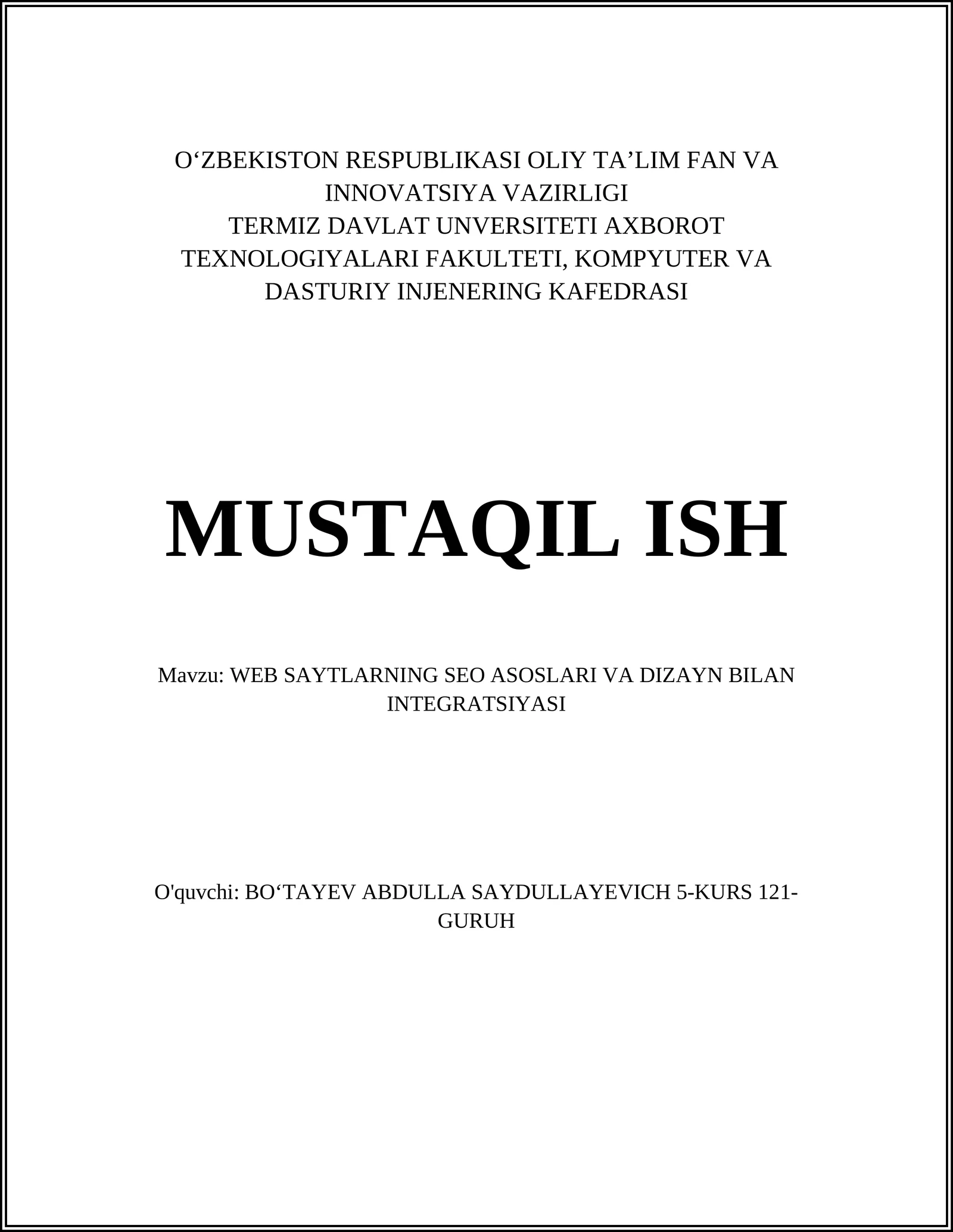 WEB SAYTLARNING SEO ASOSLARI VA DIZAYN BILAN INTEGRATSIYASI