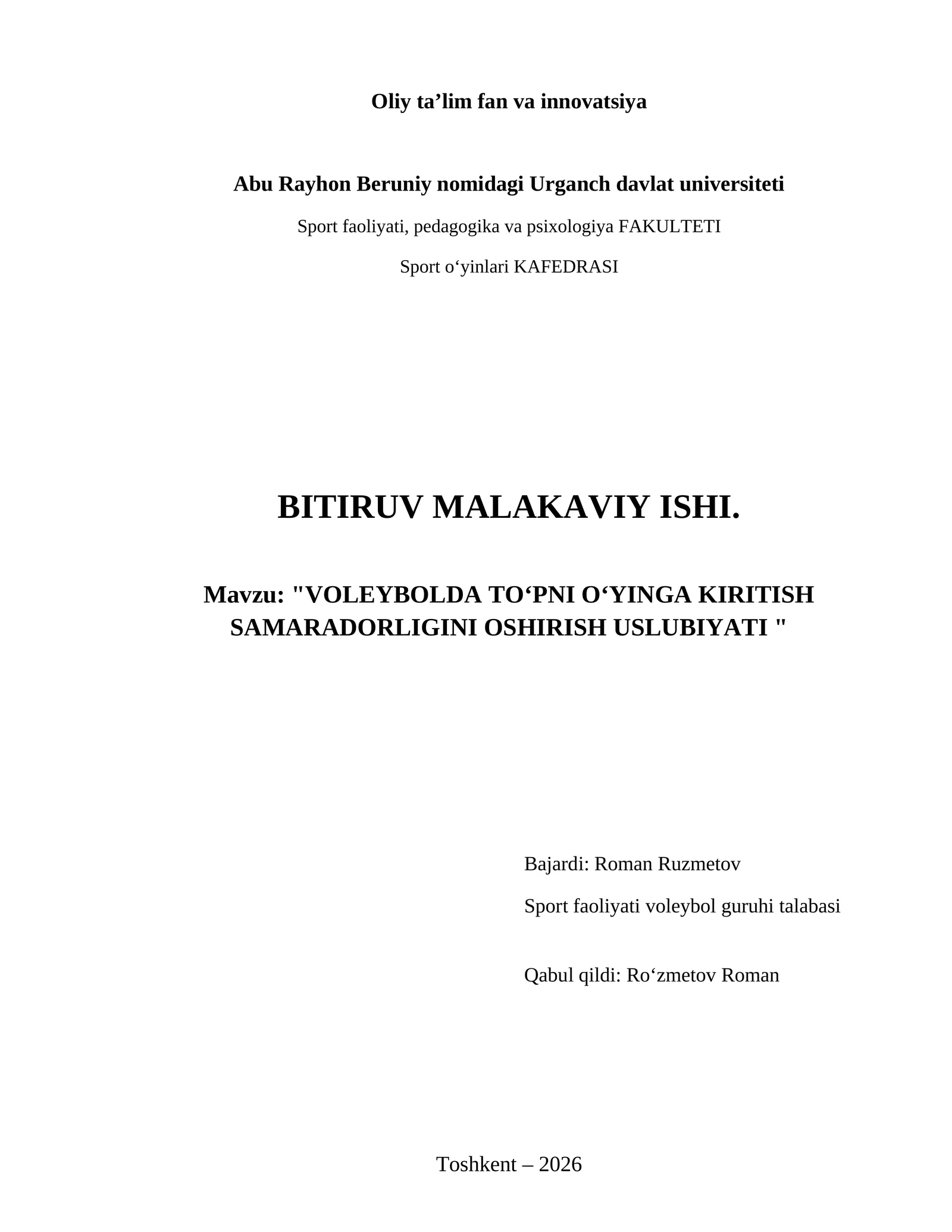 Voleybolda toʻpni oʻyinga kiritish samaradorligini oshirish uslubiyati
