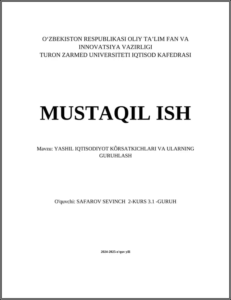 YASHIL IQTISODIYOT KÔRSATKICHLARI VA ULARNING GURUHLASH