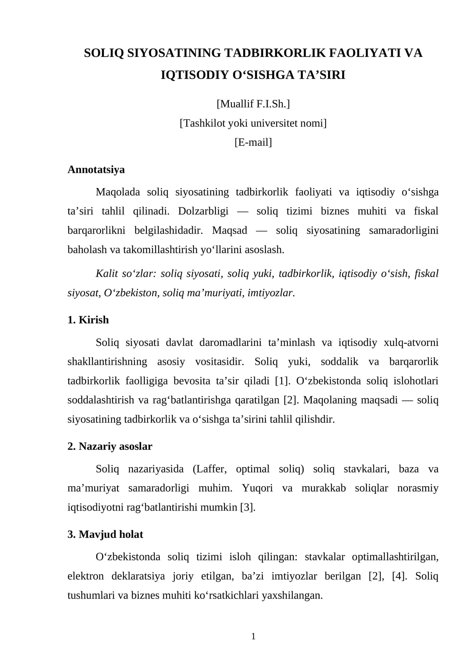 SOLIQ SIYOSATINING TADBIRKORLIK FAOLIYATI VA IQTISODIY O‘SISHGA TA’SIRI