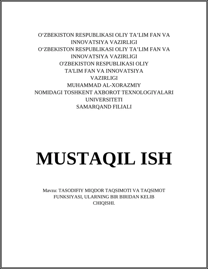 TASODIFIY MIQDOR TAQSIMOTI VA TAQSIMOT FUNKSIYASI