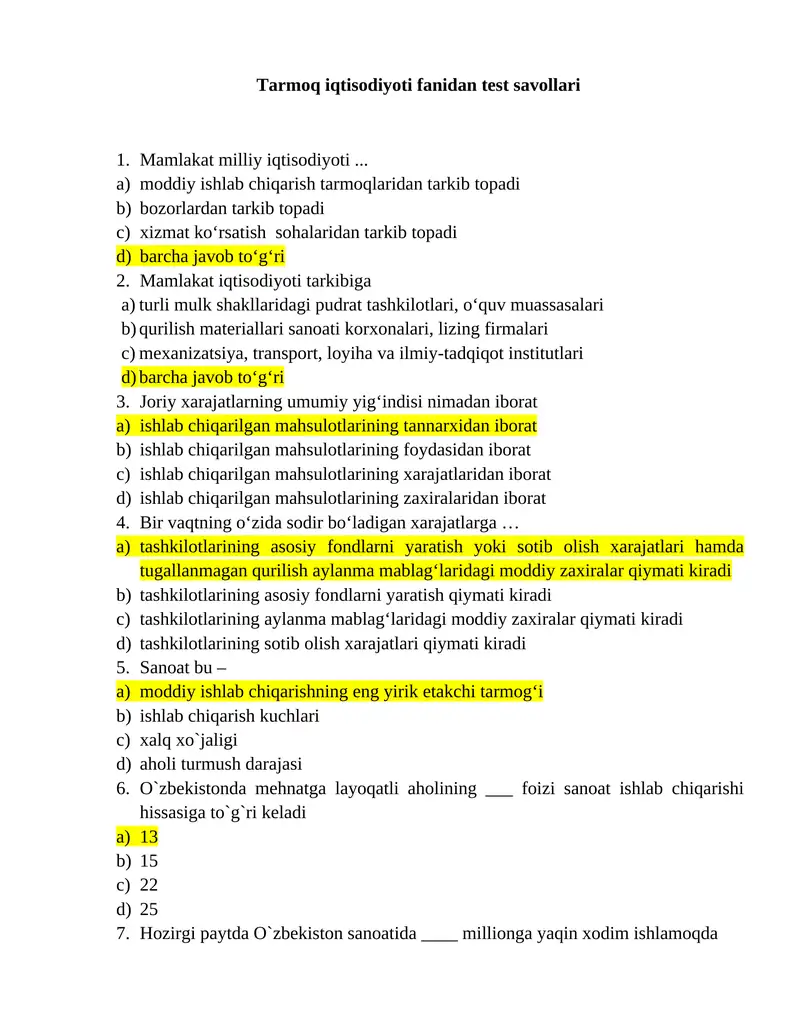 Tarmoqlar iqtisodiyoti fanidan yakuniy test savollari javoblari bilan