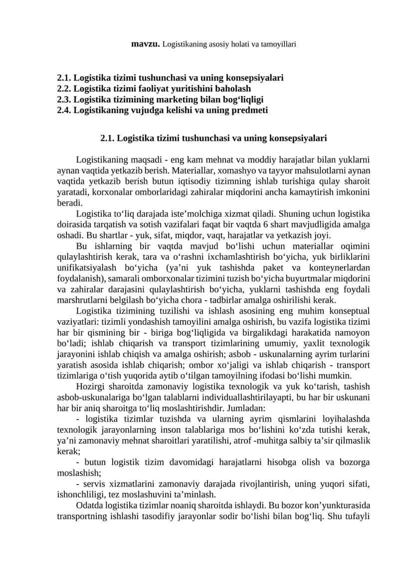 Logistikaning asosiy holati va tamoyillari