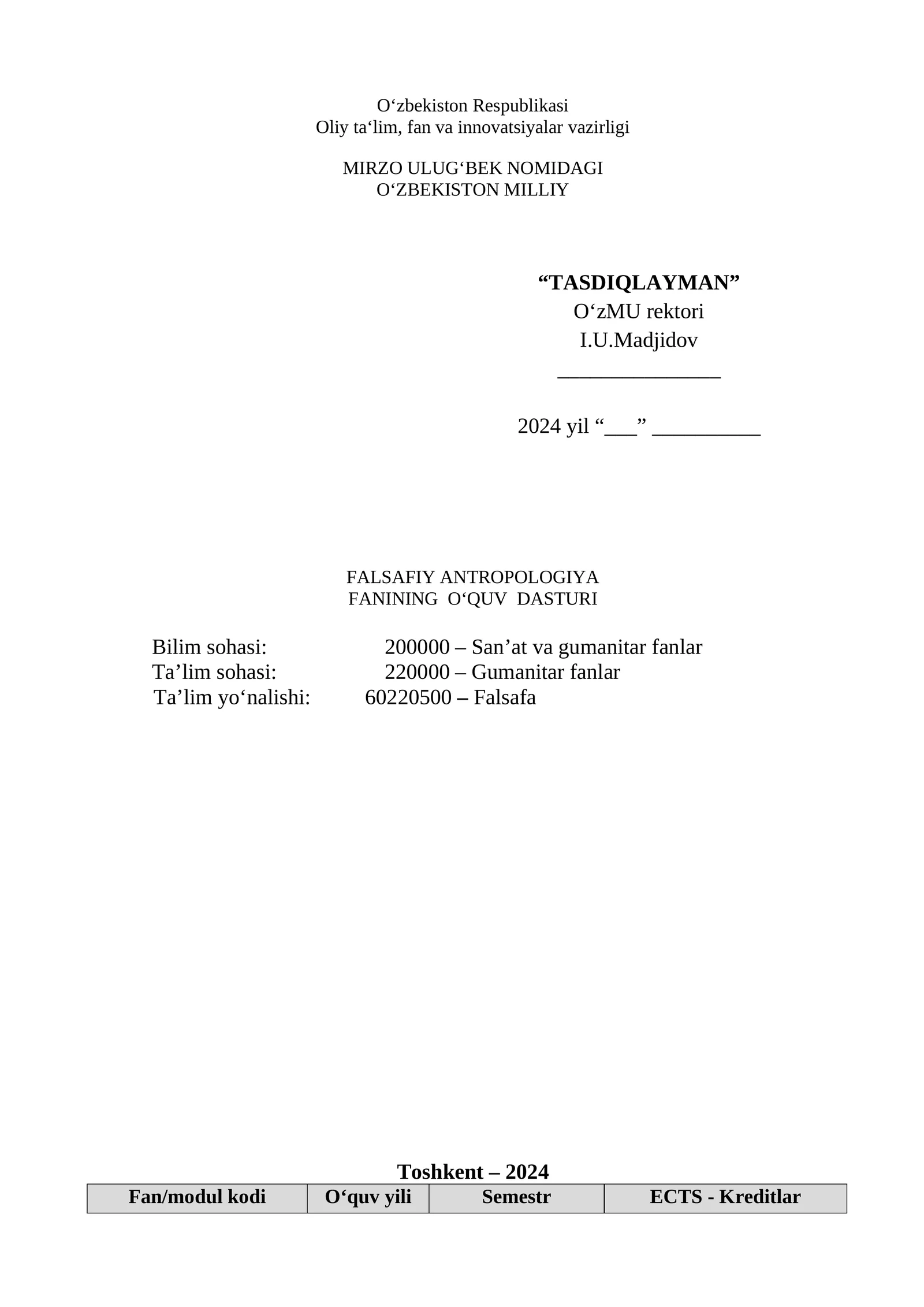 FALSAFIY ANTROPOLOGIYA FANINING O‘QUV DASTURI