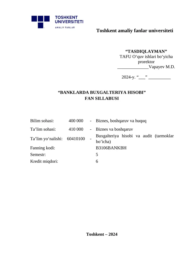 BANKLARDA BUXGALTERIYA HISOBI FAN SILLABUSI