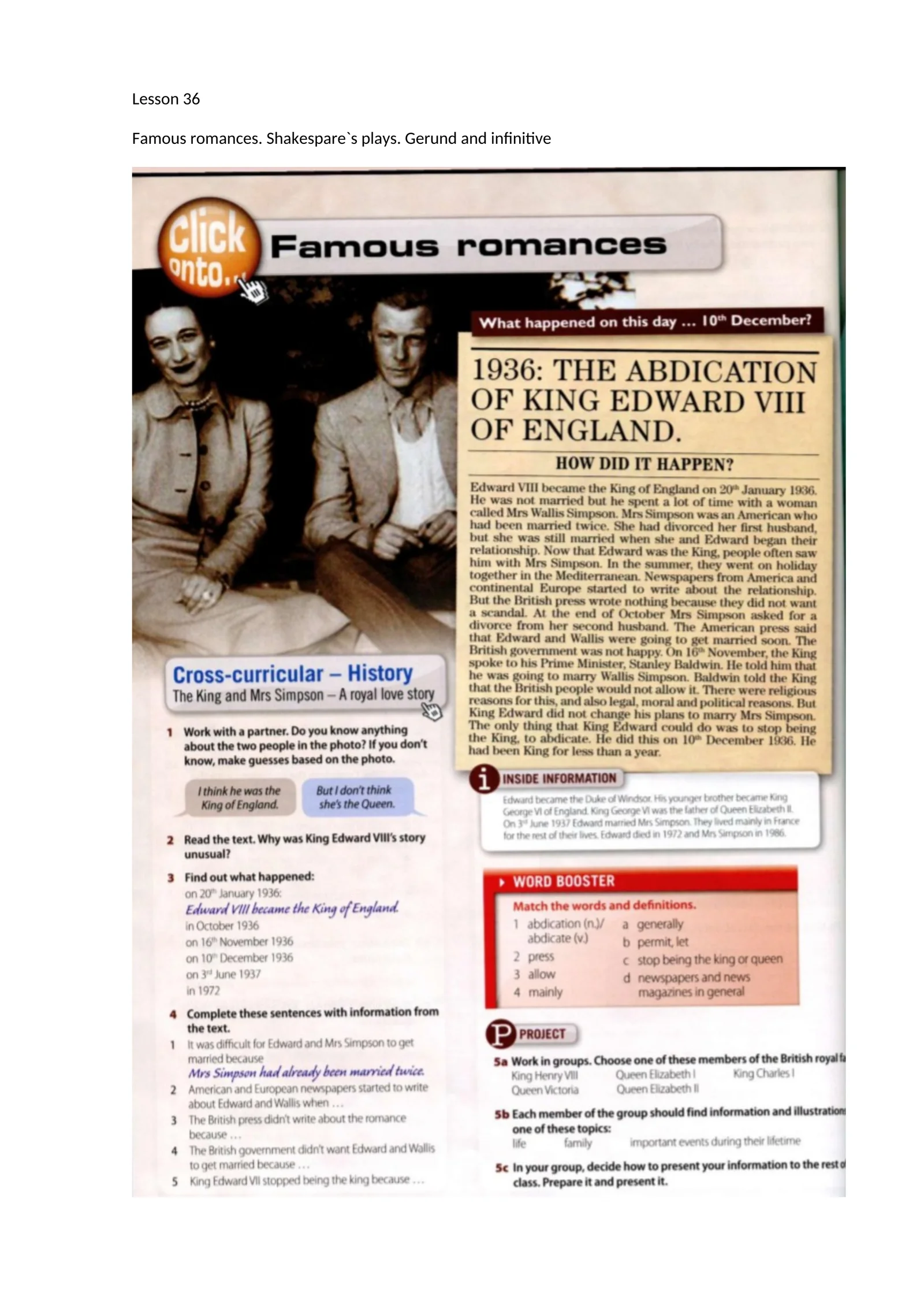 Famous romances. Shakespare`s plays. Gerund and infinitive