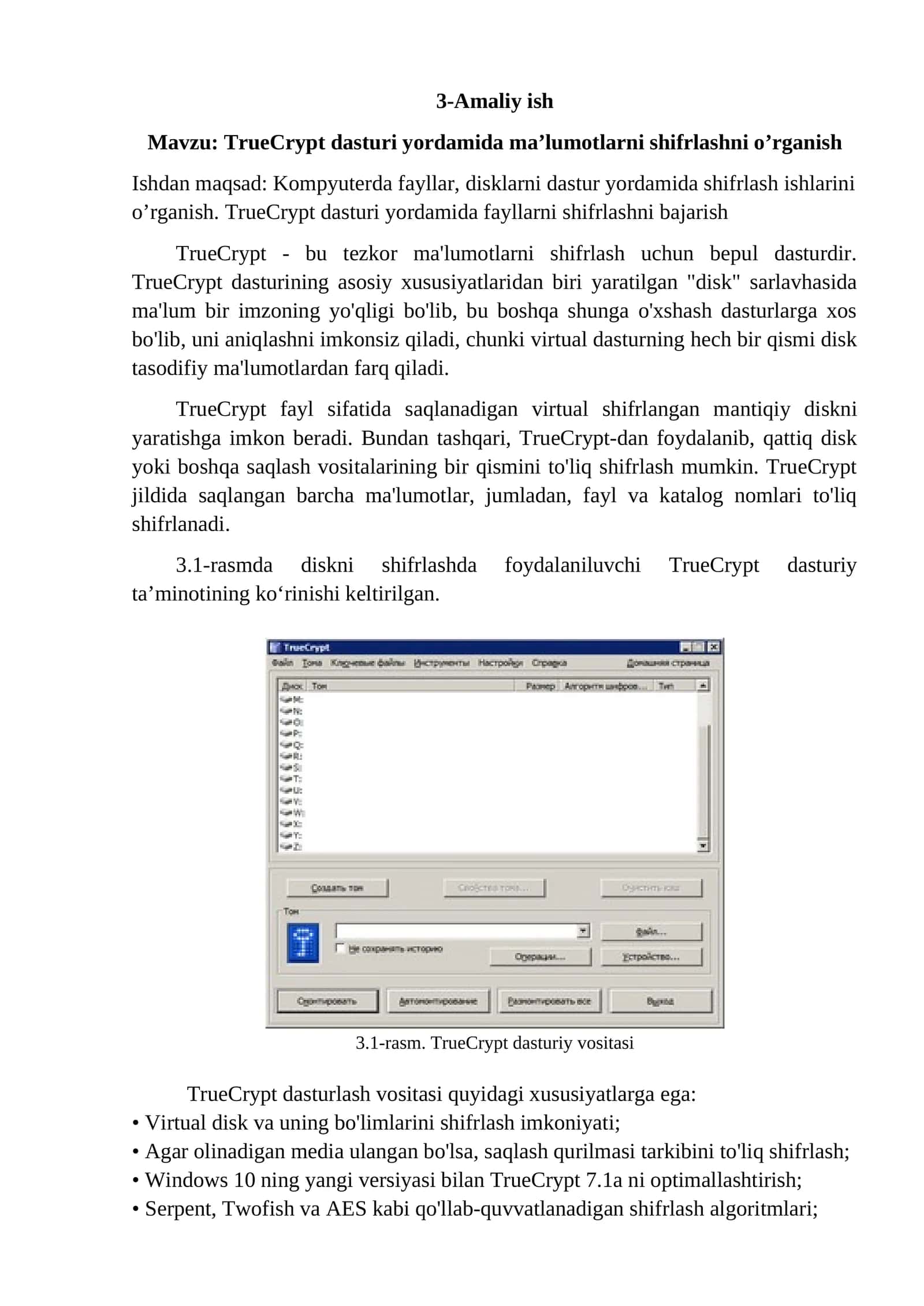 TrueCrypt dasturi yordamida ma’lumotlarni shifrlashni o’rganish