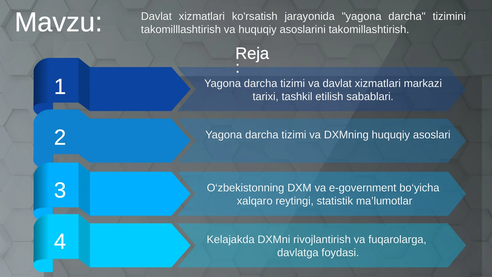 Davlat xizmatlari ko'rsatish jarayonida yagona darcha tizimini takomilllashtirish va huquqiy asoslarini takomillashtirish