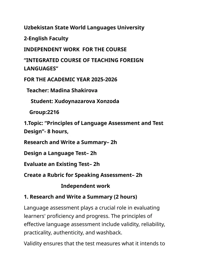 Principles of Language Assessment and Test Design