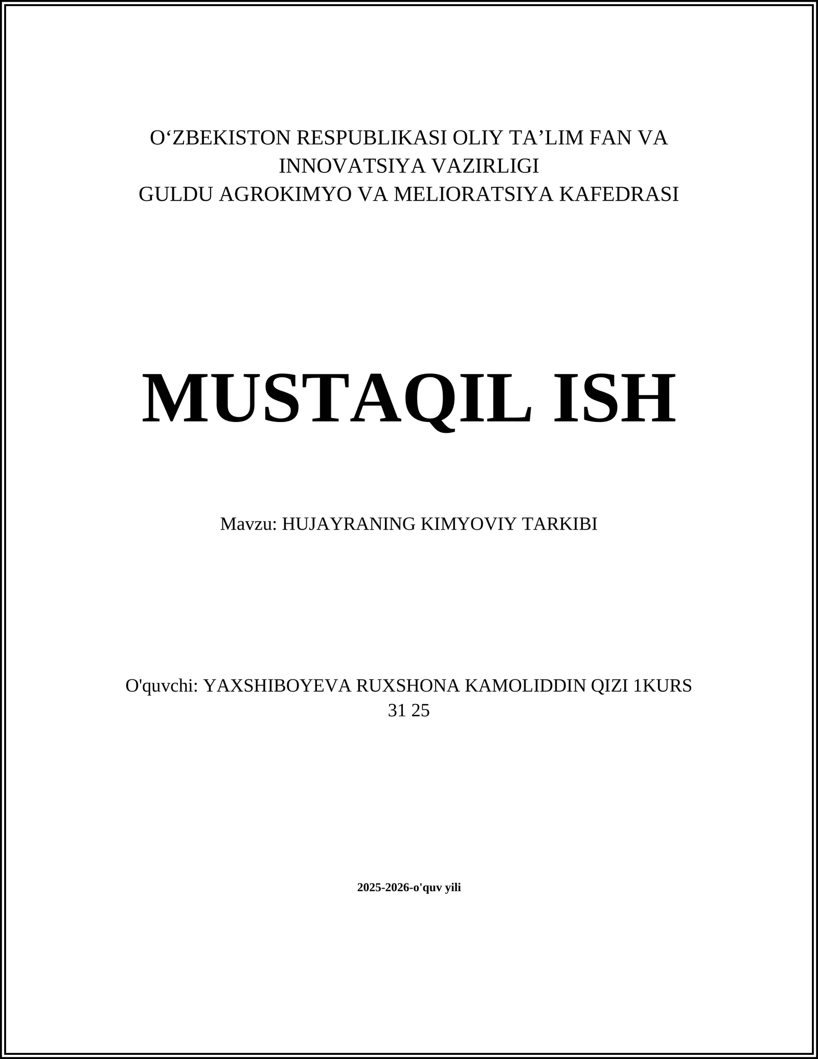 HUJAYRANING KIMYOVIY TARKIBI