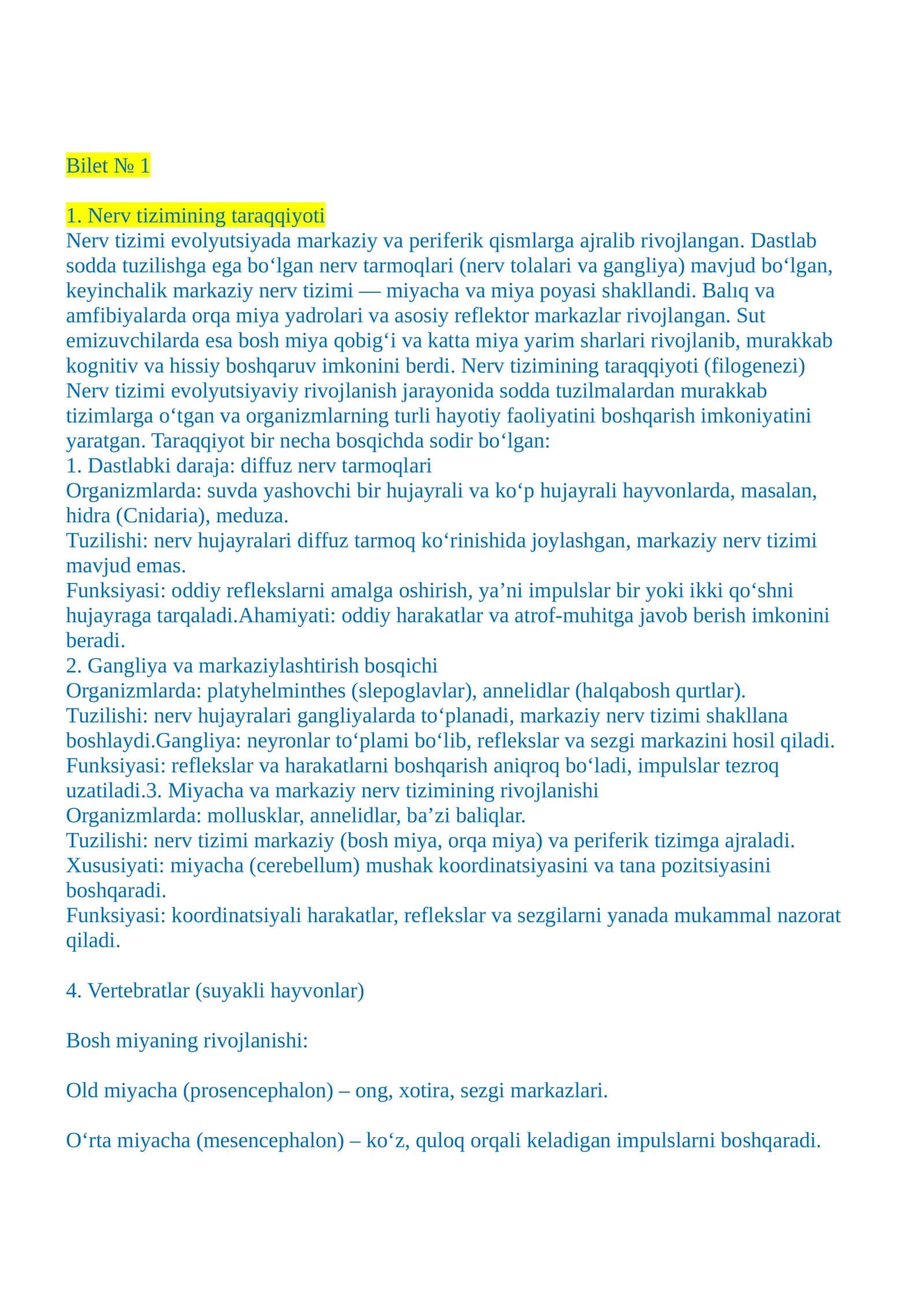 Nerv tizimining taraqqiyoti