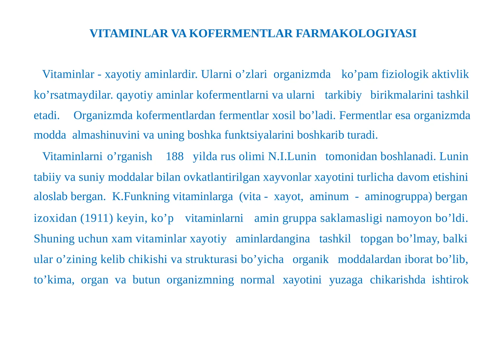 VITAMINLAR VA KOFERMENTLAR FARMAKOLOGIYASI