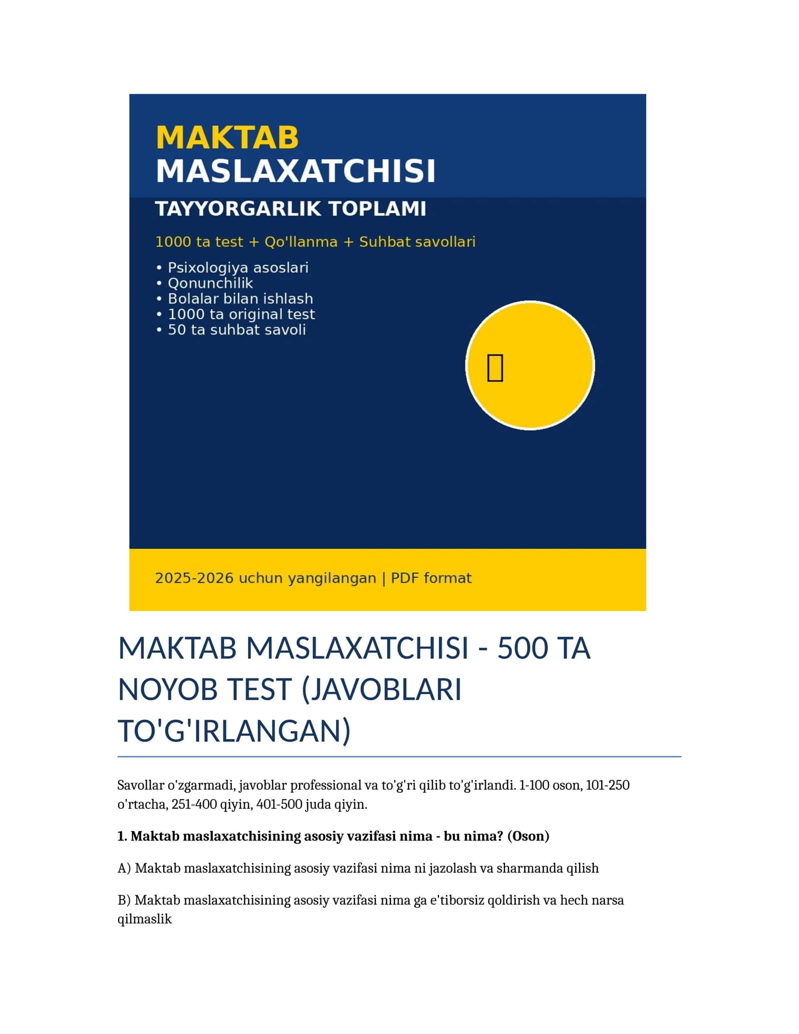 Maktab Maslaxatchisi 500 ta SAVOL