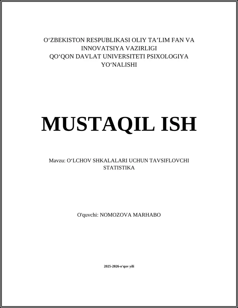 OʻLCHOV SHKALALARI UCHUN TAVSIFLOVCHI STATISTIKA