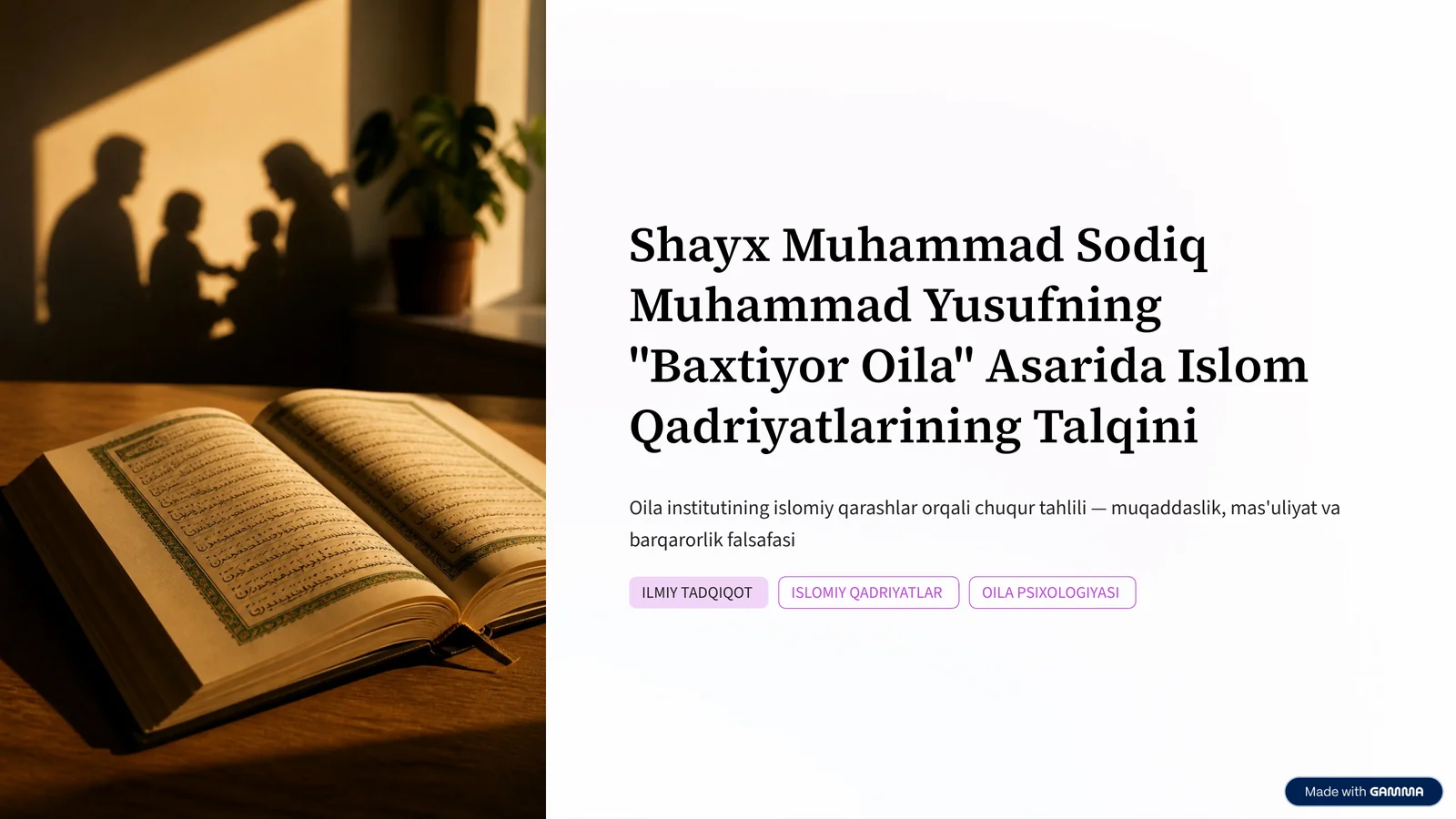 Shayx Muhammad Sodiq Muhammad Yusufning Baxtiyor Oila asaridagi islom qadriyatlari