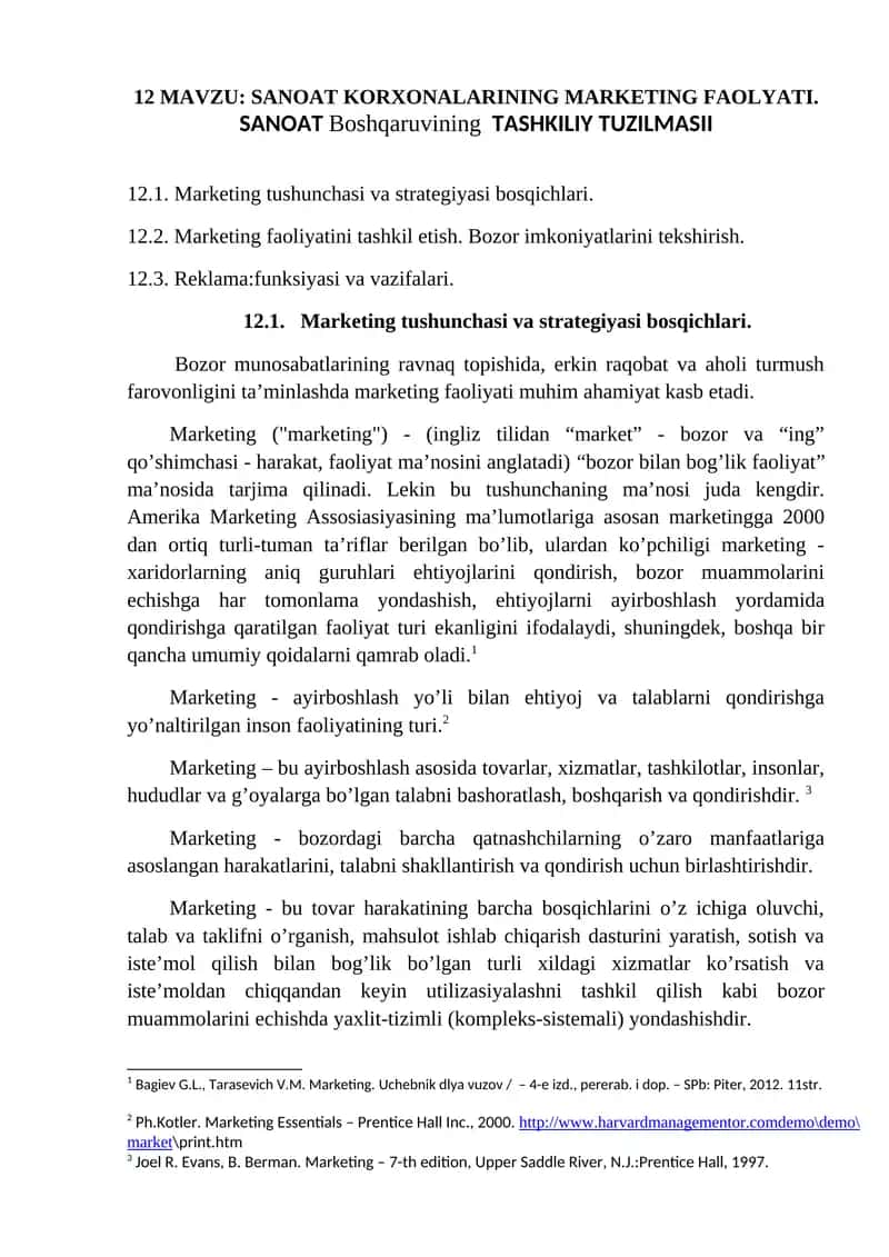 SANOAT KORXONALARINING MARKETING FAOLYATI