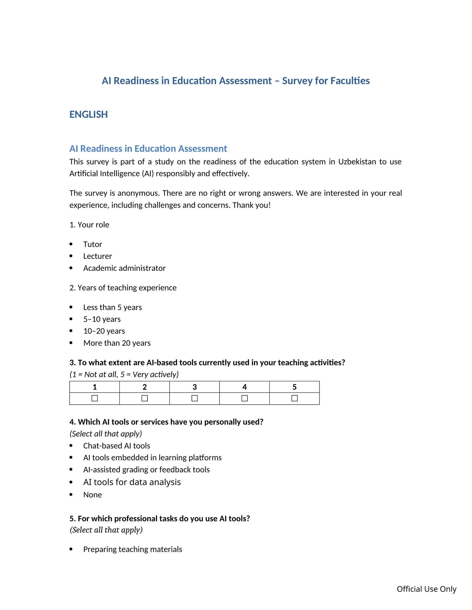 AI Readiness in Education Assessment – Survey for Faculties