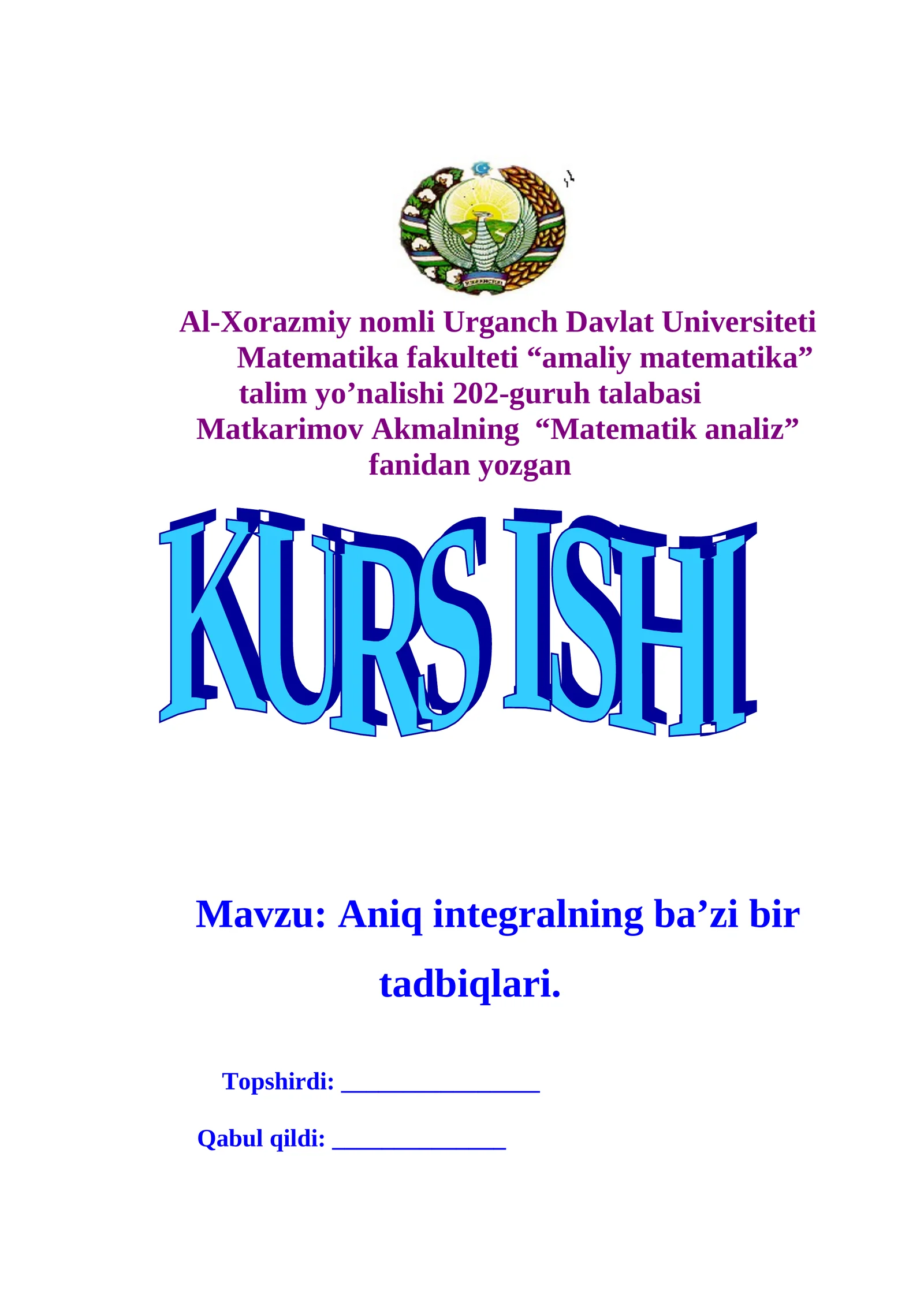 Aniq integralning ba’zi bir tatbiqlari