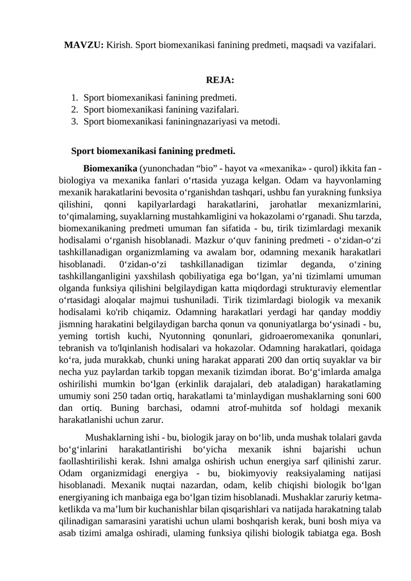 Sport biomexanikasi fanining predmeti, maqsadi va vazifalari.