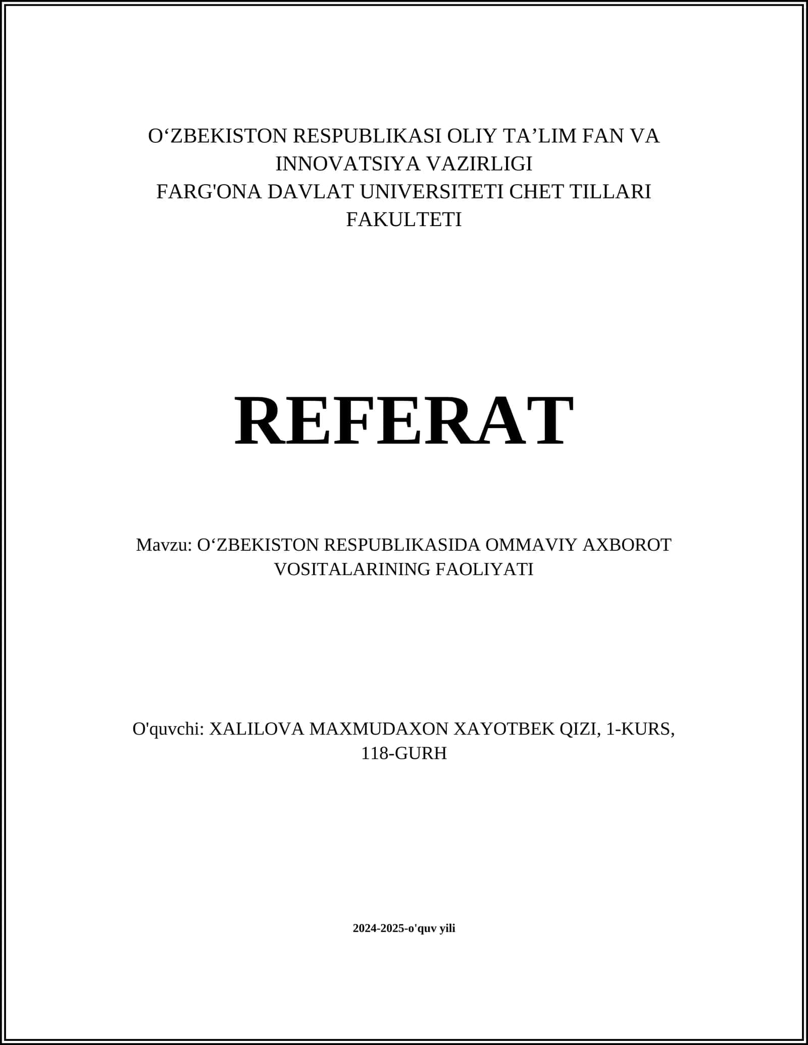 OʻZBEKISTON RESPUBLIKASIDA OMMAVIY AXBOROT VOSITALARINING FAOLIYATI