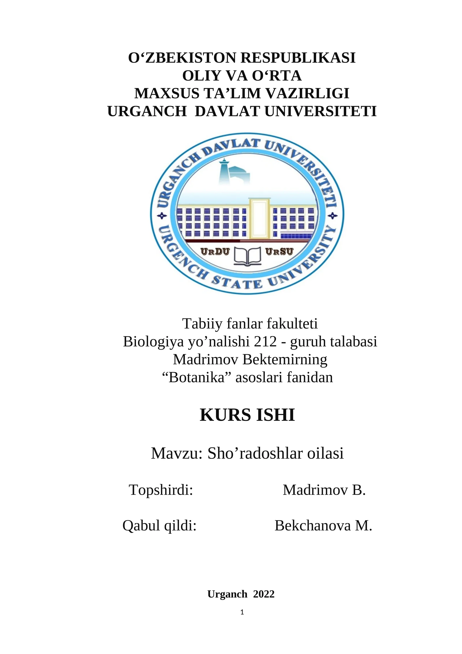 Sho’radoshlar oilasi KURS ISHI