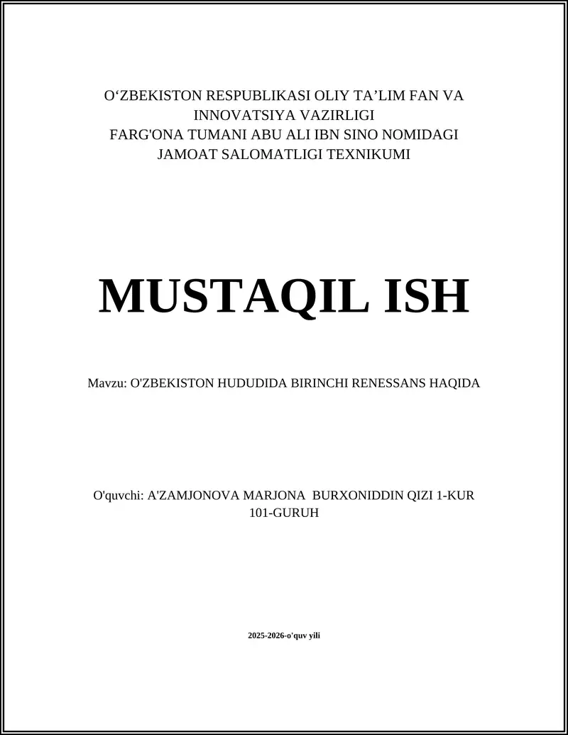 O'ZBEKISTON HUDUDIDA BIRINCHI RENESSANS HAQIDA