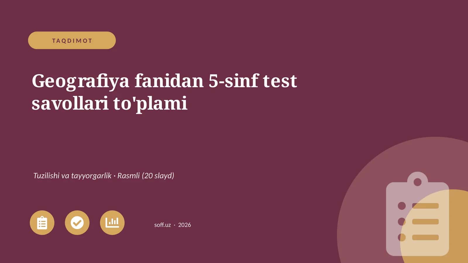 Geografiya fanidan 5-sinf test savollari to'plami