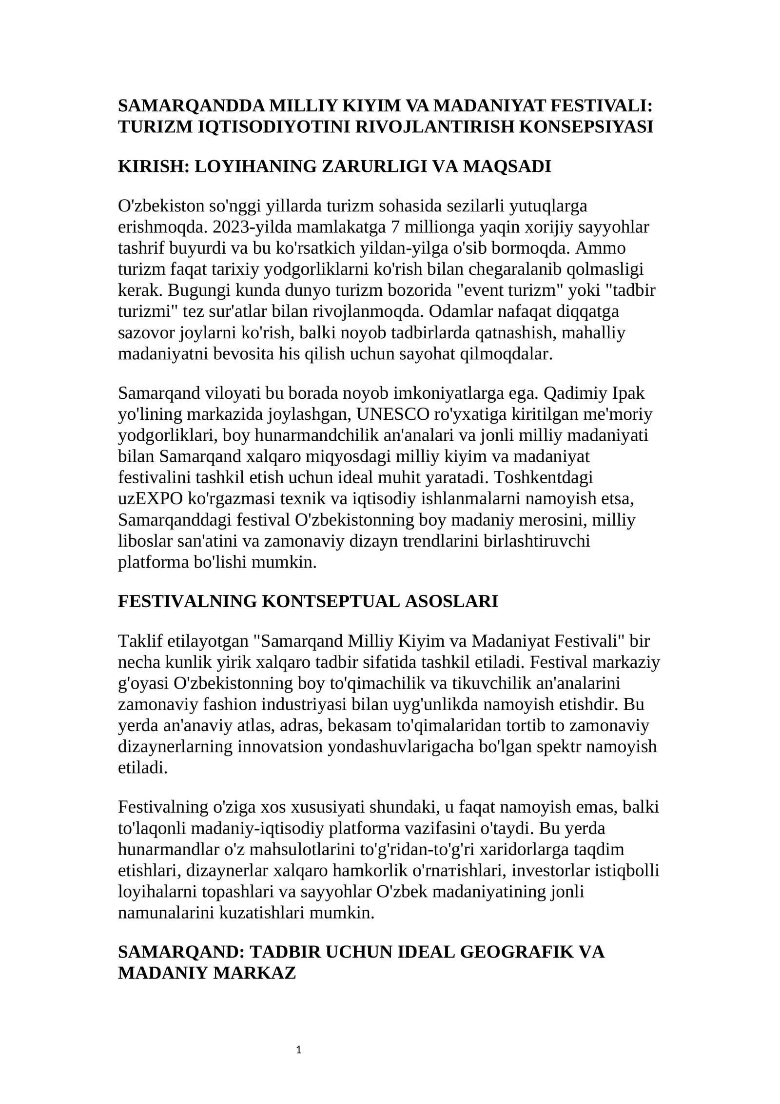 SAMARQANDDA MILLIY KIYIM VA MADANIYAT FESTIVALI: TURIZM IQTISODIYOTINI RIVOJLANTIRISH KONSEPSIYASI