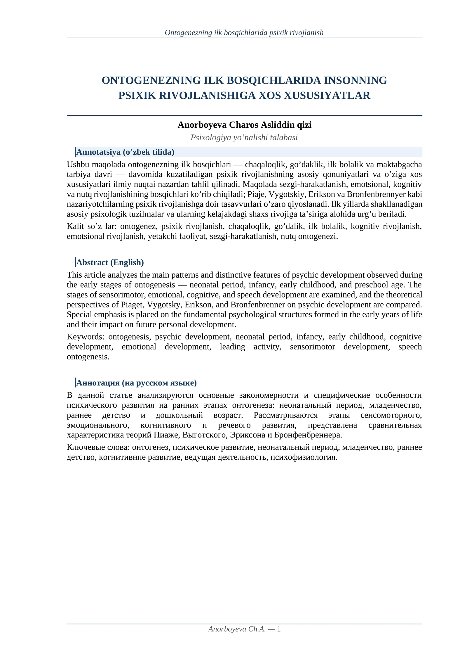 Ontogenezning ilk bosqichlarida psixik rivojlanish