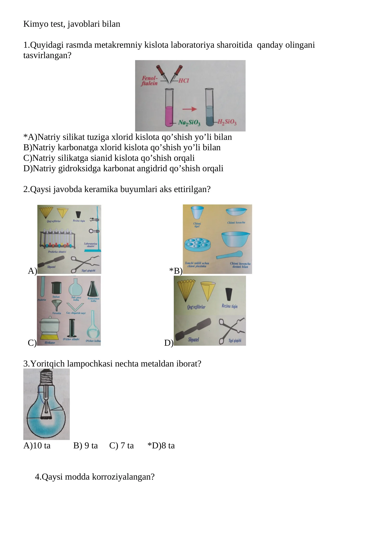 Kimyo test, javoblari bilan
