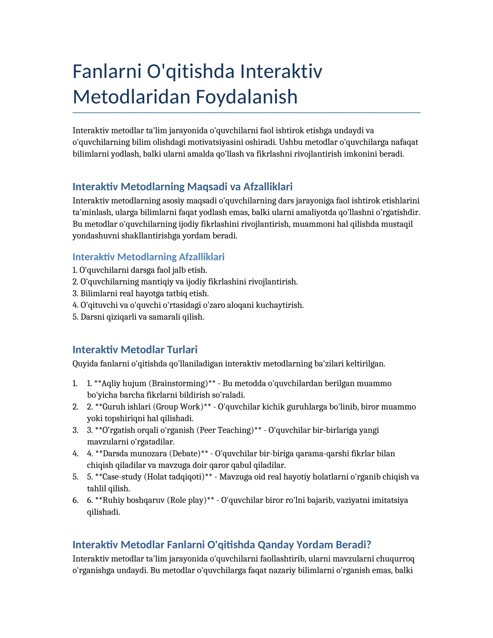 Fanlarni O'qitishda Interaktiv Metodlaridan Foydalanish