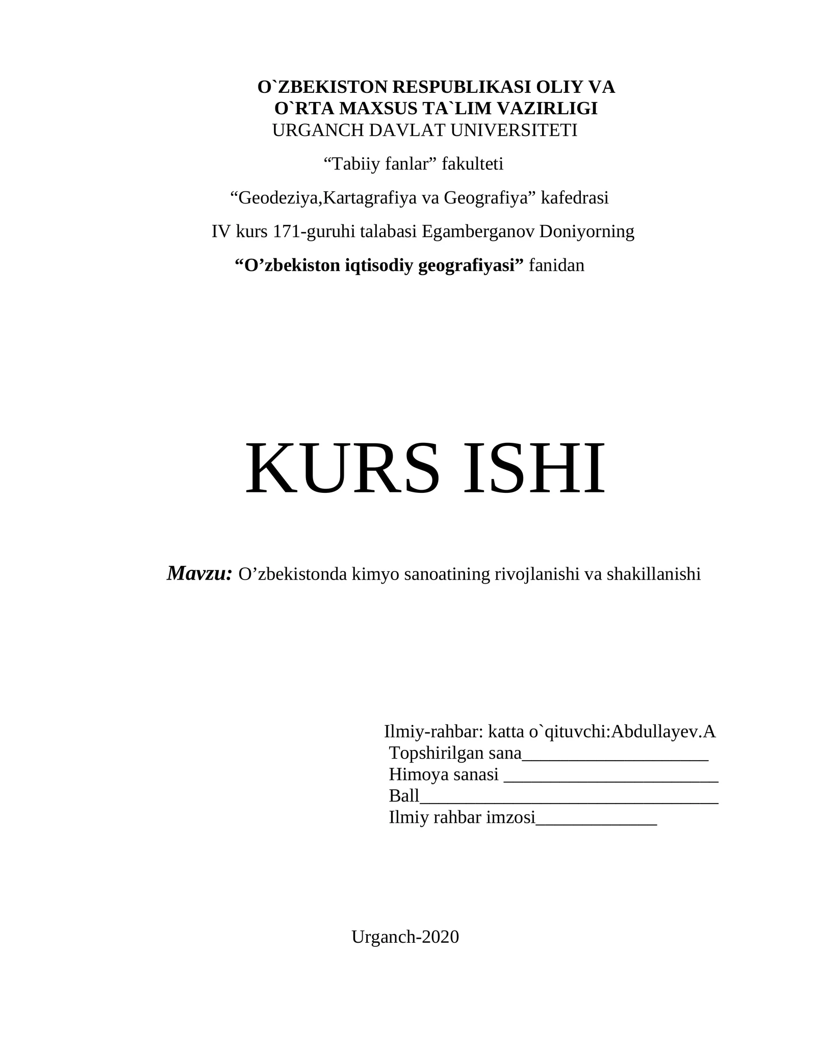 O’zbekiston iqtisodiy geografiyasi kurs ishi